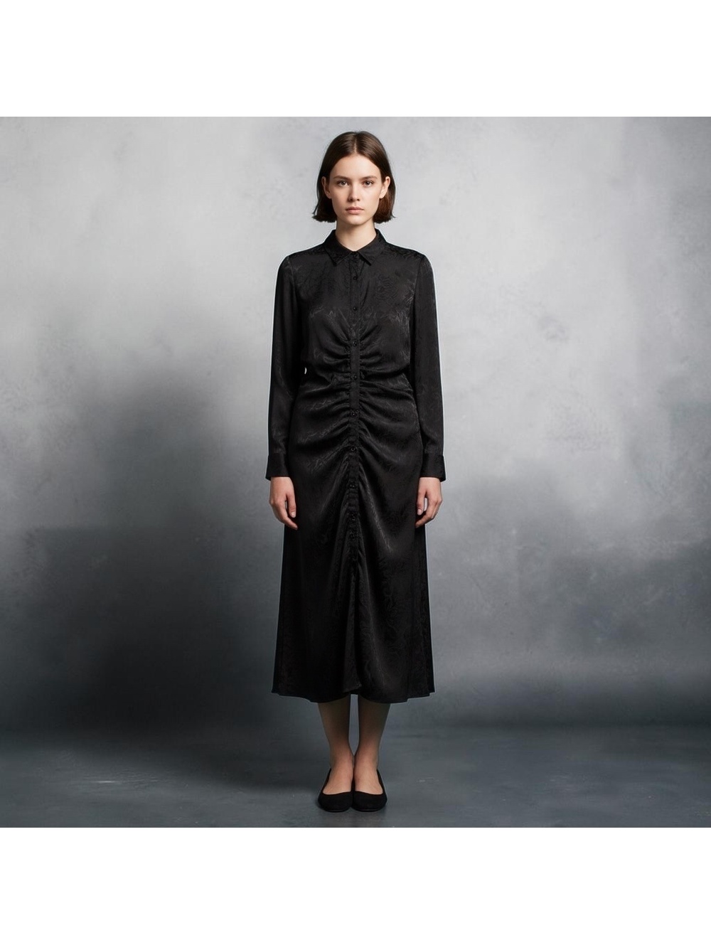Halogen Black Jacquard Ruched Midi Shirt Dress Long Sleeve Size